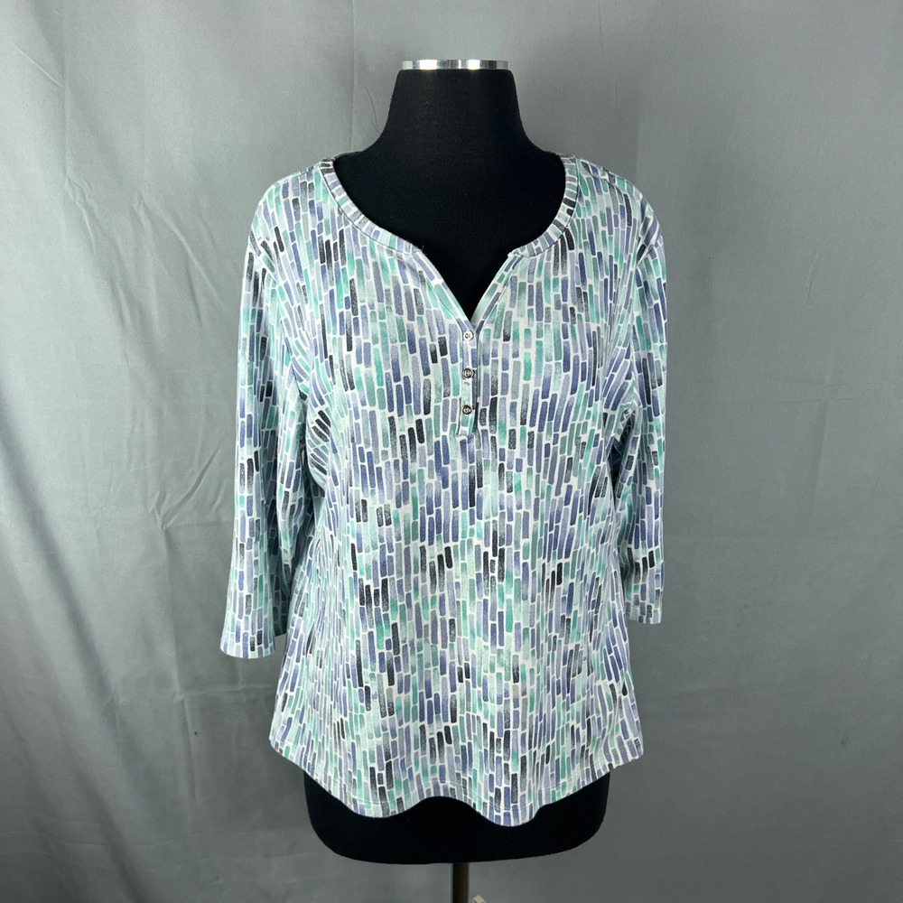 Karen Scott Henley Top Women Multicolor Geometric Split V Neck Modern Minimalist